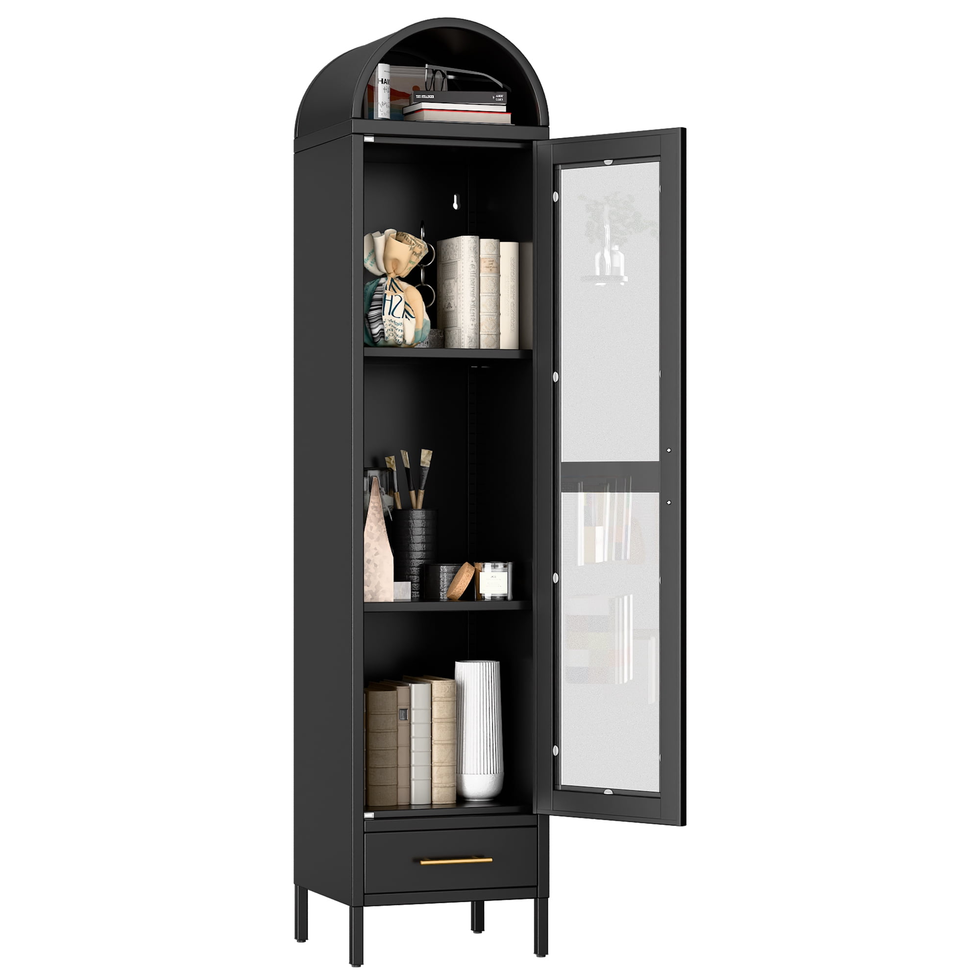Aobabo Metal Arched Cabinet, Arch Display Bookcase Cabinet with Glass Door and 2 Shelves, Kitchen Pantry Storage Cabinet for Dining Room, Home, Office, Kitchen, Study Room, Assembly Required (Black)