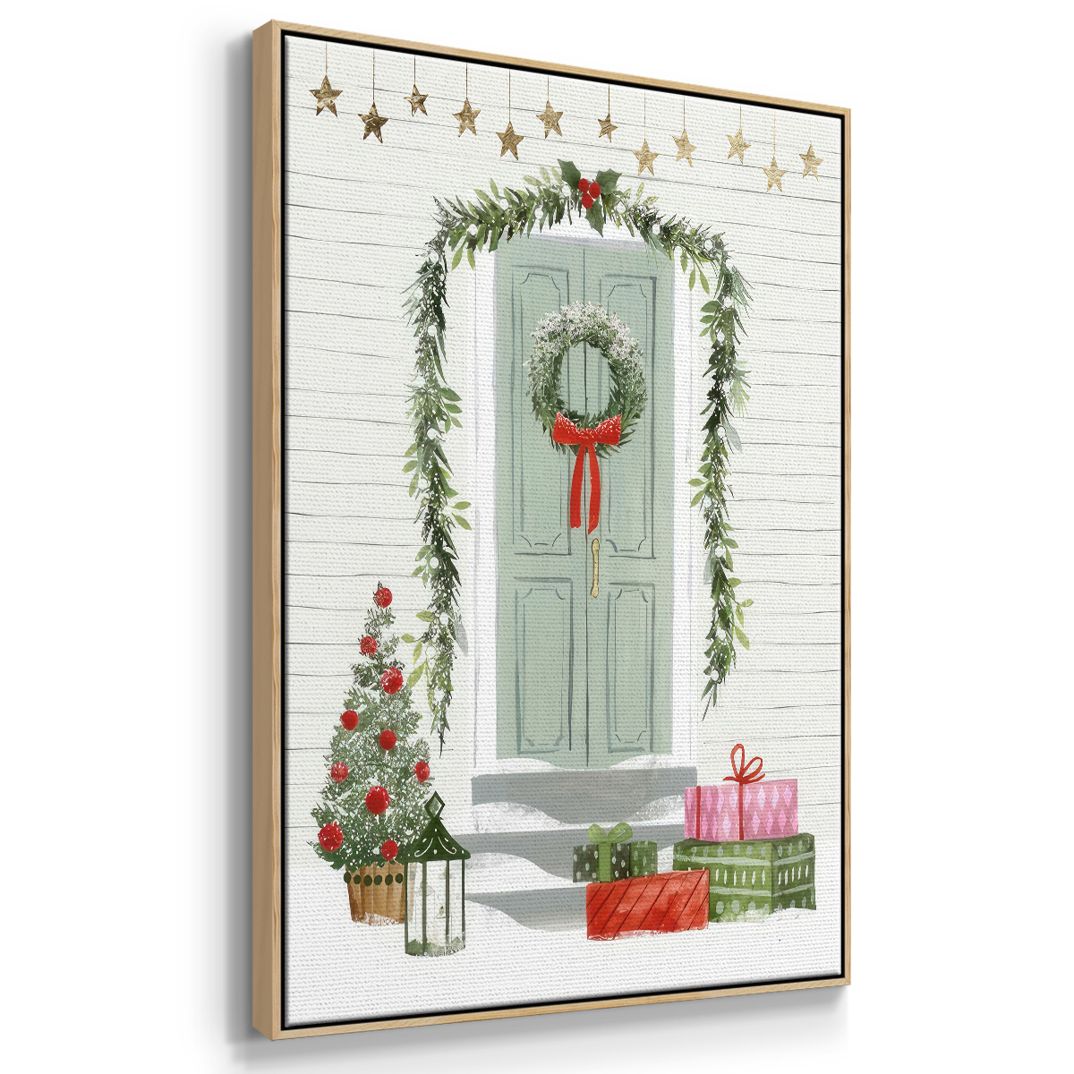 Festive Front Door I - Framed Gallery Wrapped Holiday Canvas - 25 x 37 - Natural Wood Frame
