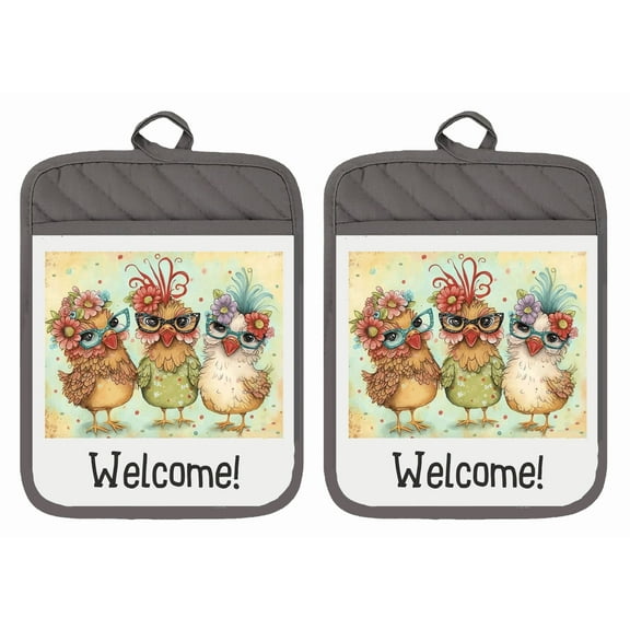 Set of 2 Pot Holders Oven Mitts Hot Pads 100% Cotton Hello 3 Chicks Chicken Farm Kitchen DZ359DPH (Gray)