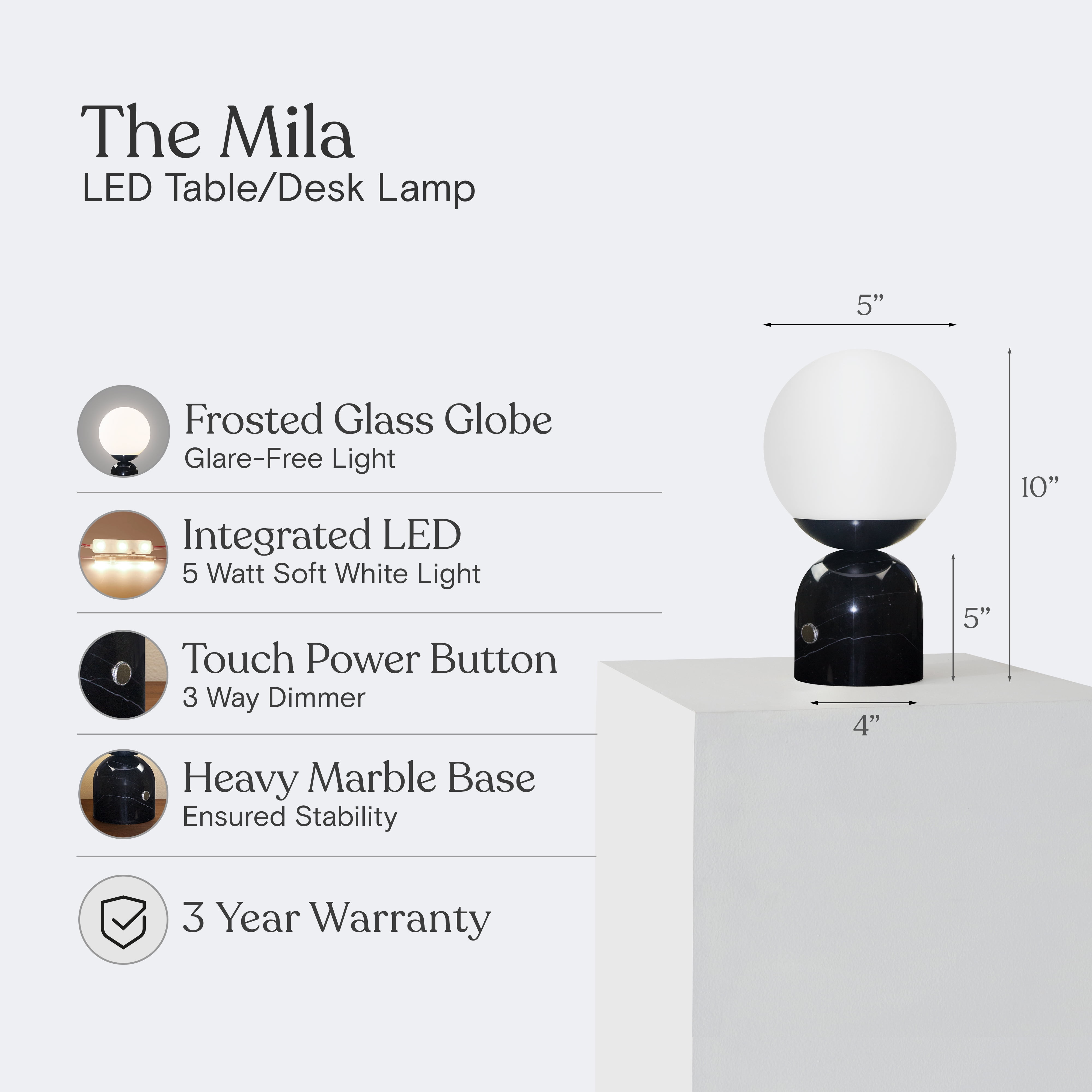 Brightech Mila LED Table Lamp - Bedside Reading Light with Elegant Marble Base, Modern Desk Lamp, Nightstand Lamp with Ambient Lighting - Modern Globe Lamp Shade - Black
