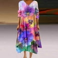 thumbnail image 2 of asdoklhq Hawaiian Dresses for Women Casual Loose Printed Irregular Buttoned Hem-Neck 3/4 Sleeve Dresses Purple S, 2 of 5