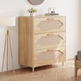 thumbnail image 3 of Spacious Storage Sideboard – 3-Drawer Modern Wooden Dresser with Rattan Fronts – Rustic Oak Finish Buffet Cabinet for Dining Room, Hallway, Bedroom – Easy Assembly – Wood Color, 3 of 7