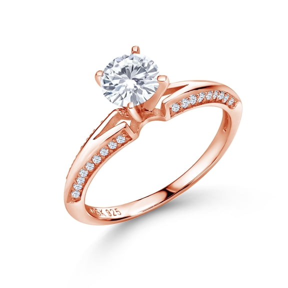 Gem Stone King 18K Rose Gold Plated Silver Ring Set with Round Moissanite (1.38 Cttw) (Size 6)