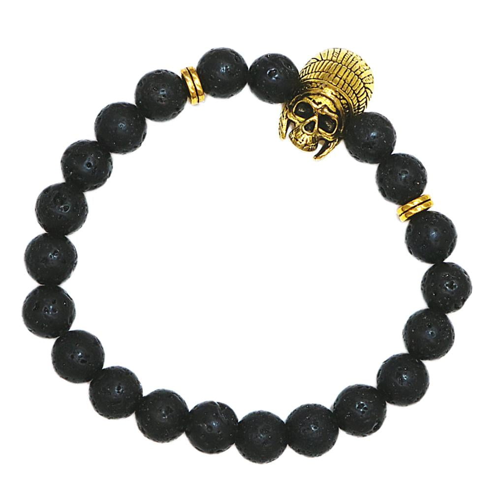 Leo Lion Head Lava Stone Beaded Bracelet With Silver Accents