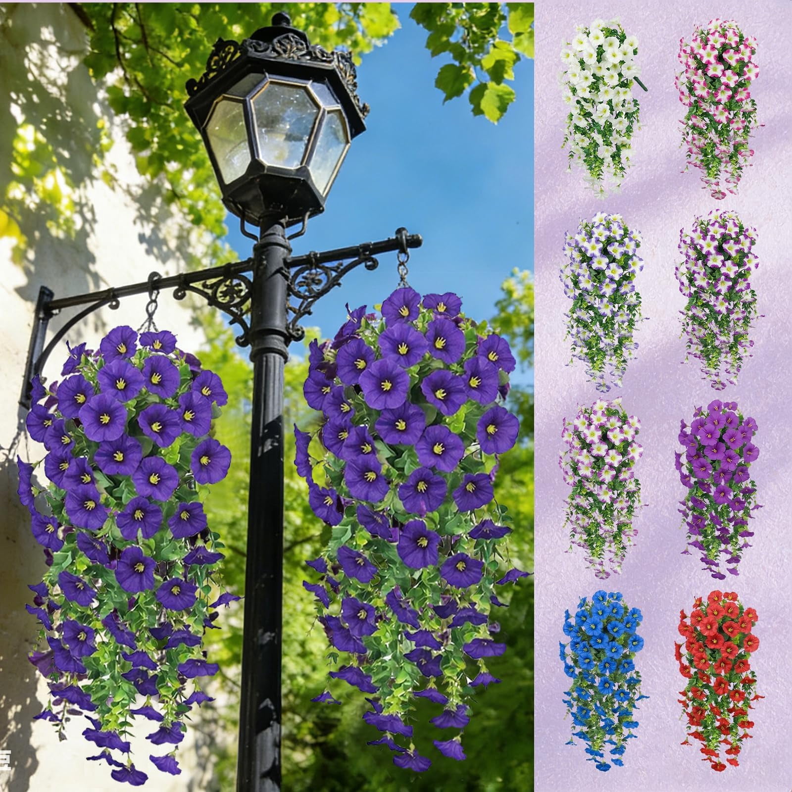 Artificial Hanging Flowers for Outdoors, 6 PCS Silk Morning Glory Artificial Flowers with Eucalyptus Leaves, UV Resistant Fake Flower Realistic Faux Plants for Home Patio Porch Garden0