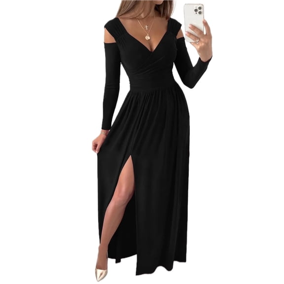 Women's Slit Surplice Long Sleeve Maxi Dress with Sheer Overlay and Stretch Body 95% polyester 5% spandex flowy