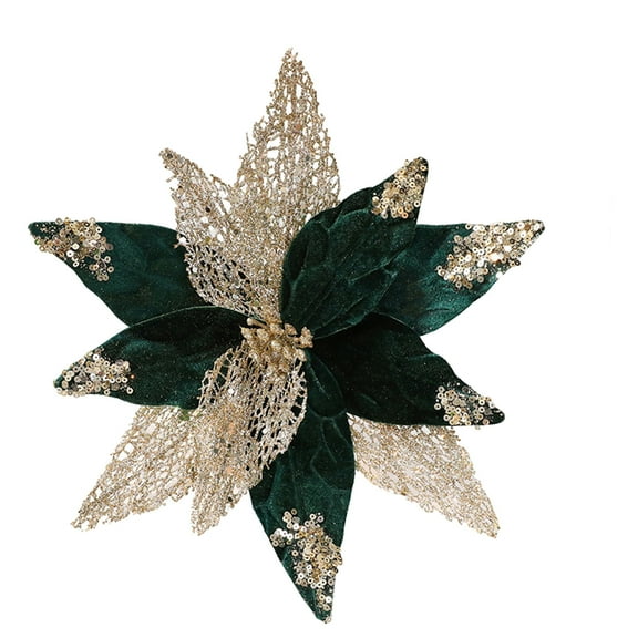 CuiLiyq Glitter Christmas Flowers, 11.4 Inch Large Artificial Poinsettia Flower Ornament, for Christmas Tree Wreath Garland Wedding Holiday Party Decoration (Green)
