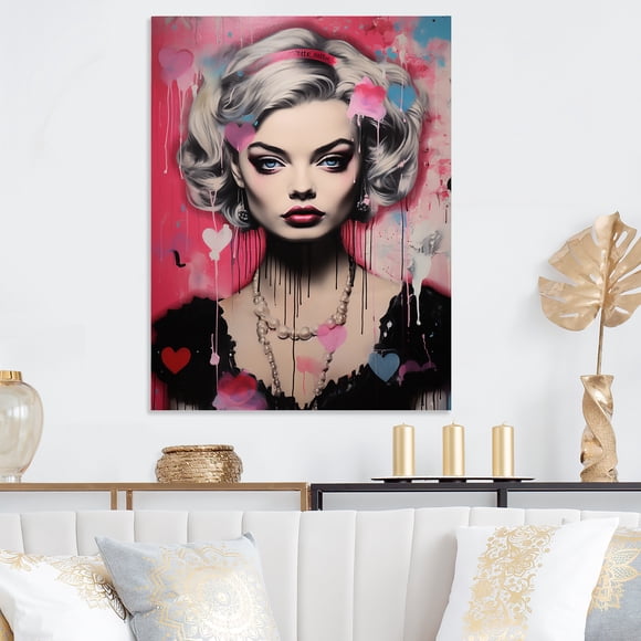 Designart "Charmant Pop Art dans une Femme Rose Vibrante II" Femme Art Mural en Métal, Décoration Murale en Métal Rose, Décoration Moderne en Métal pour Salon - 12x20 Pouces