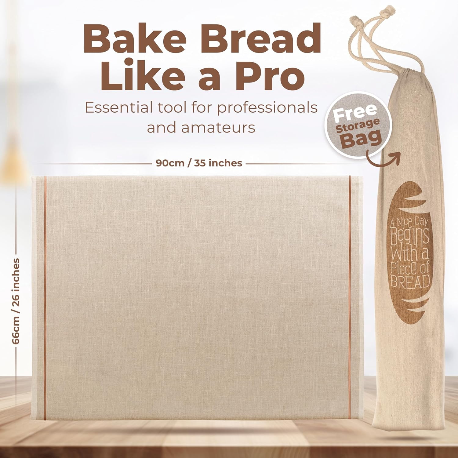 Premium Professional Bakers Couche, Extra Large Bread Proofing Cloth, 35" x 26" - 100% Natural Flax Linen with Storage Bag