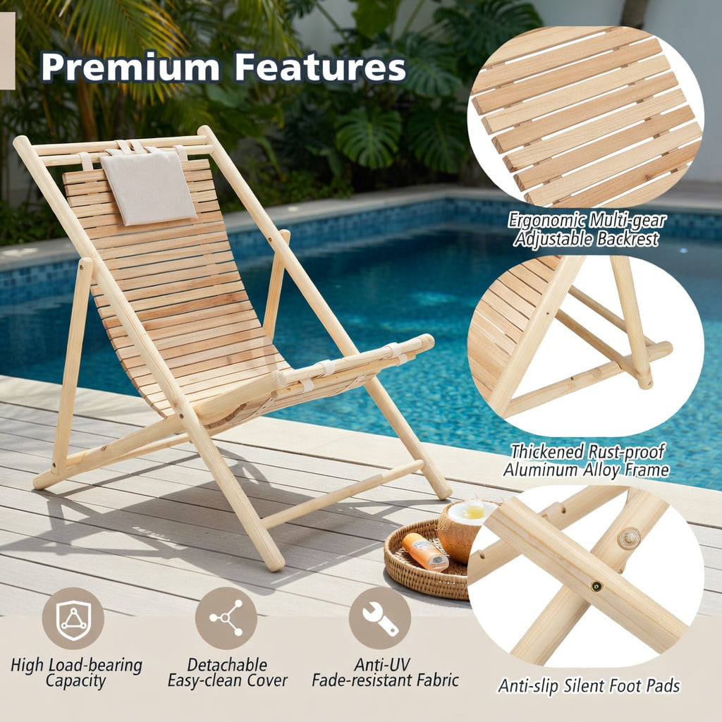 Hommoo Solid Fir Wood Folding Lounge Chair with 3-Position Adjustable Backrest & Plush Padded Headrest, for Patio, Backyard, Porch, Natural