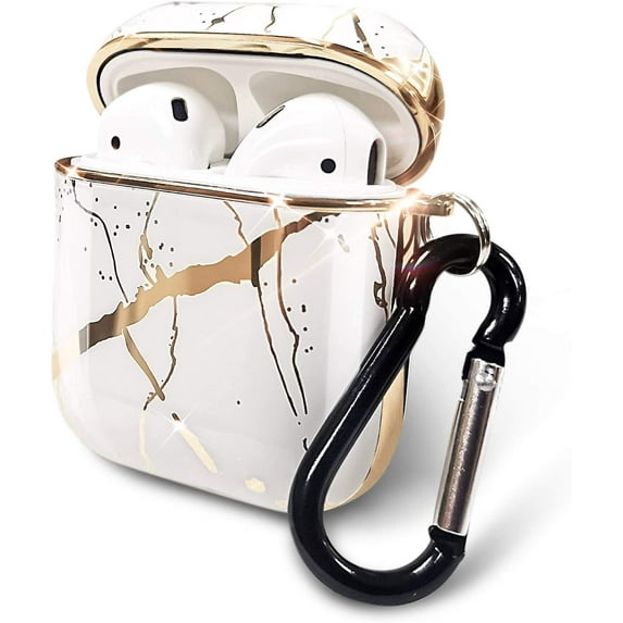 Nagebee Case for AirPods, Glossy Stylish, 360° Protective, Gold Glitter Cute Cover Carrying Case Girls Women with Keychain Compatible with Apple AirPods 1st/2nd (Marble Design White)