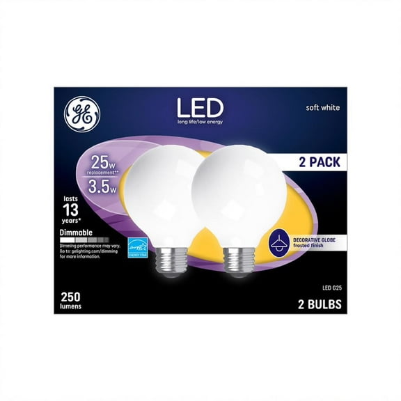 GE G25 E26 (Medium) LED Bulb Soft White 25 Watt Equivalence 2 pk