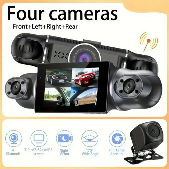 4 Channel Dash Cam with 1080P HD, WiFi, Front Rear and Side Cameras, 3.0" Screen, Night Vision, Parking Monitor, Supports 128G, Loop Recording