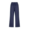 thumbnail image 5 of Cotton Linen Capris for Women Casual Summer Straight Wide Leg Loose Drawstring Elastic Waist Petite Pull On Pants for Women Navy XL, 5 of 5