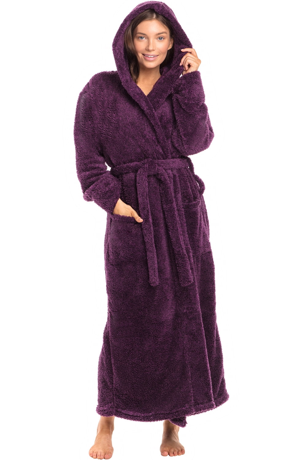 Plush Fleece Hooded Bathrobe with Two Large Front Pockets Alexander Del Rossa Women’s Robe 