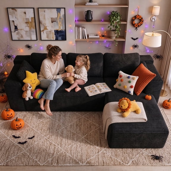 105" L-Shaped Modular Sectional Sofa, Boneless Cloud Couch, Deep Seat Corduroy, Right Facing, No Assembly Required for Living Room, Black