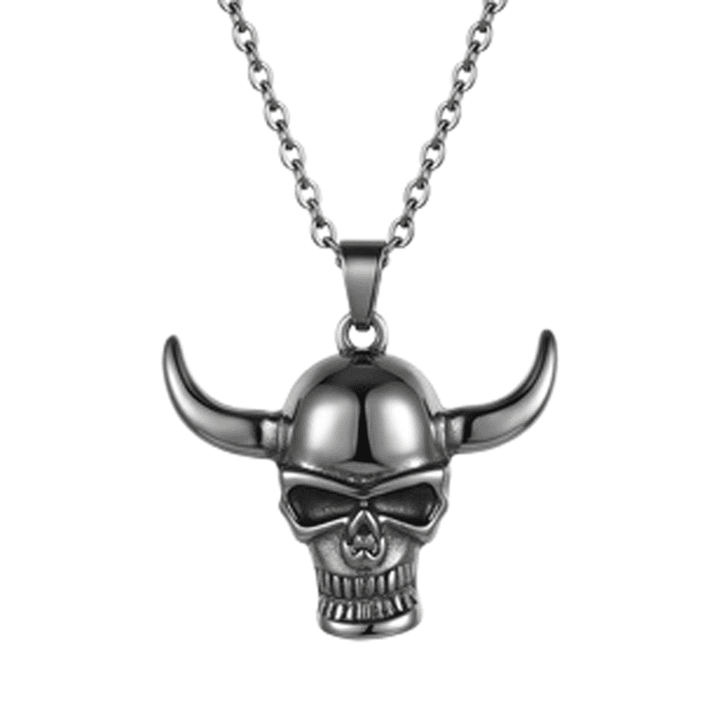 Stainless Steel Horned Skull Pendant Necklace Gothic Inspired Charm Jewelry with 18 Inch Cable Chain Black Silver Tone Statement Design 38x33mm