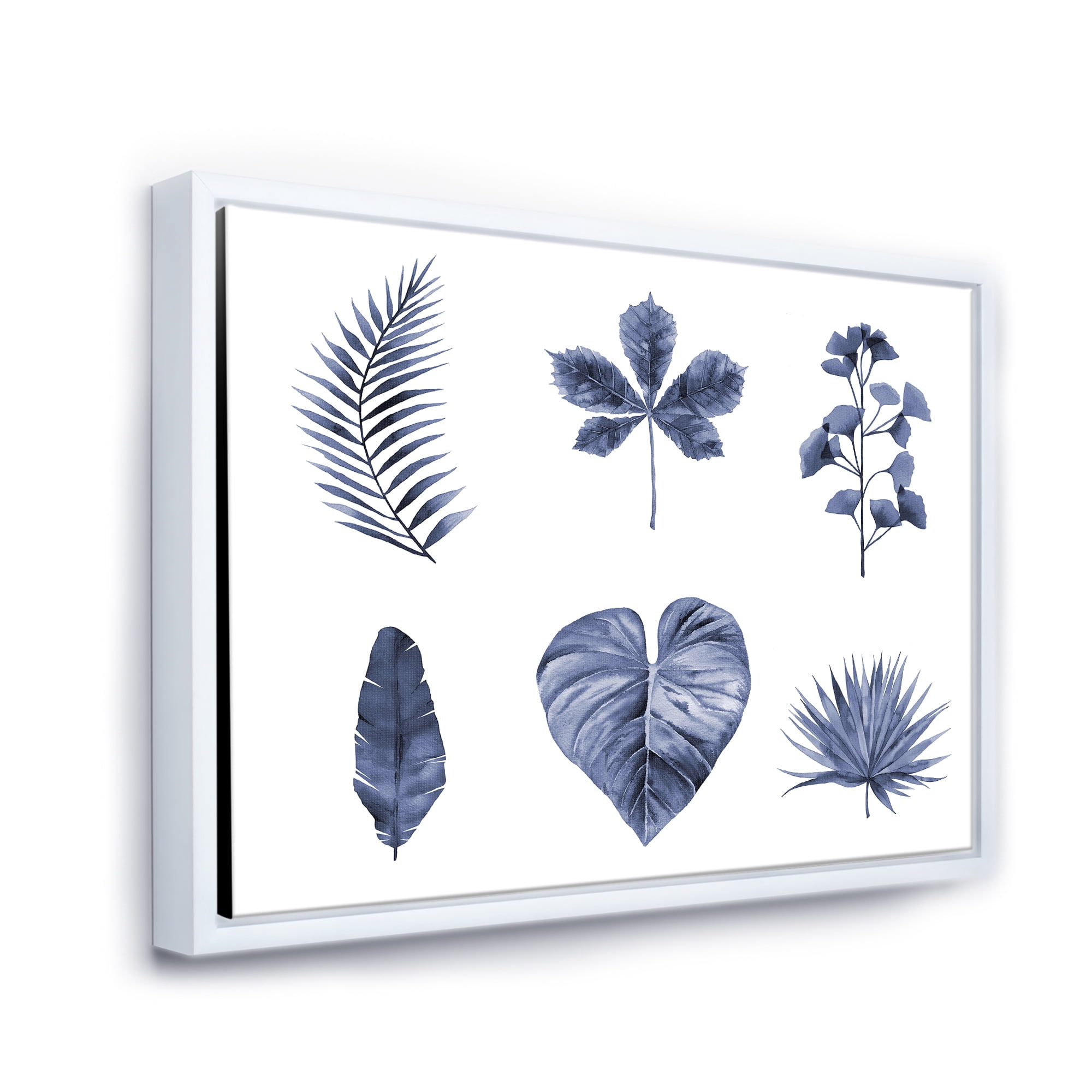 Designart 'Abstract Set Of Plant Leaves Blue' Traditional Framed Canvas Wall Art Print