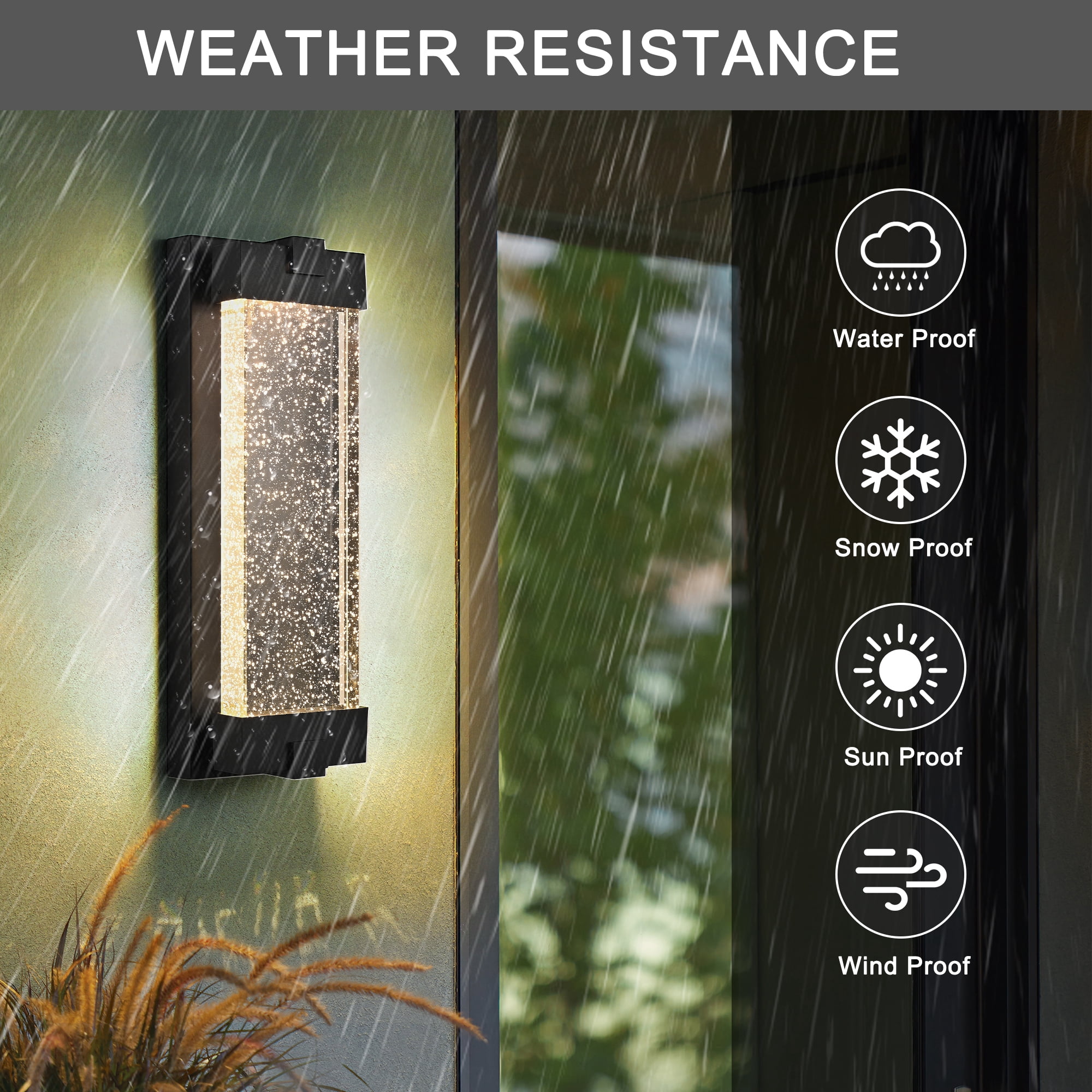 Leumius 19"(H) Black Outdoor Wall Light with Bubble Crystal Glass, LED Light Source, Weatherproof Exterior Sconce for Patio, Porch or Garage (1-Pack)