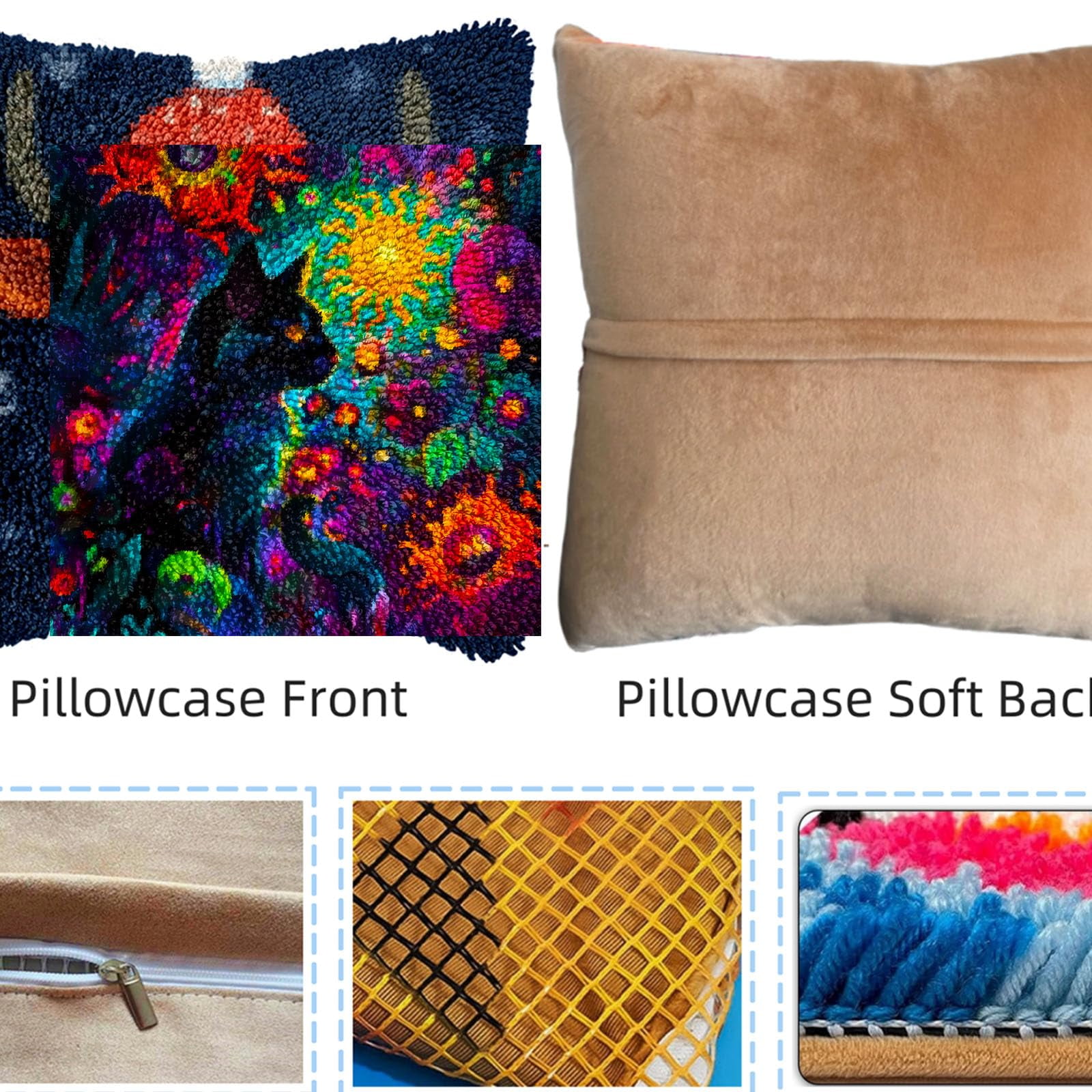 A Black Cat in Abstract Flowers DIY Latch Hook Pillow Kits for Adults Printed Pillowcase Crochet Yarns Hooking Handmade Pillow Cover Cushion for Home Sofa Decoration 17x17inch