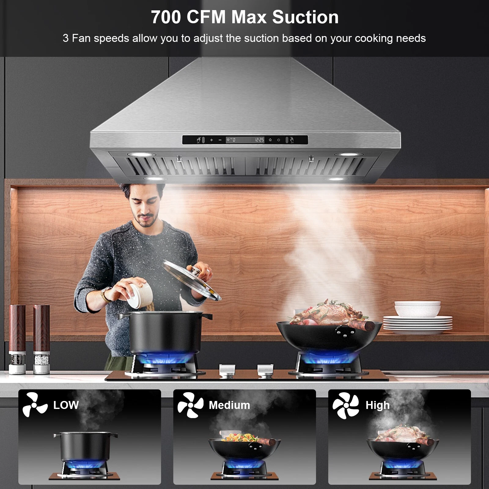 30 inch Island Range Hood 700 CFM Powerful Kitchen Vent Hood with Gesture Sensing & Touch Control 4 LED Lights