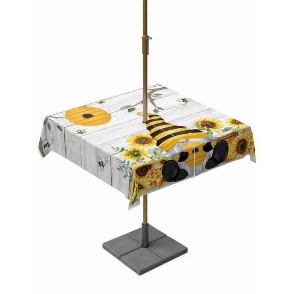 Outdoor Tablecloth with Umbrella Hole for Patio/Picnic/Party/Camping, Gnomes Sunflower Waterproof Table Cloth Square Cover Washable, Bees Branches Floral Wooden (60"x 60")