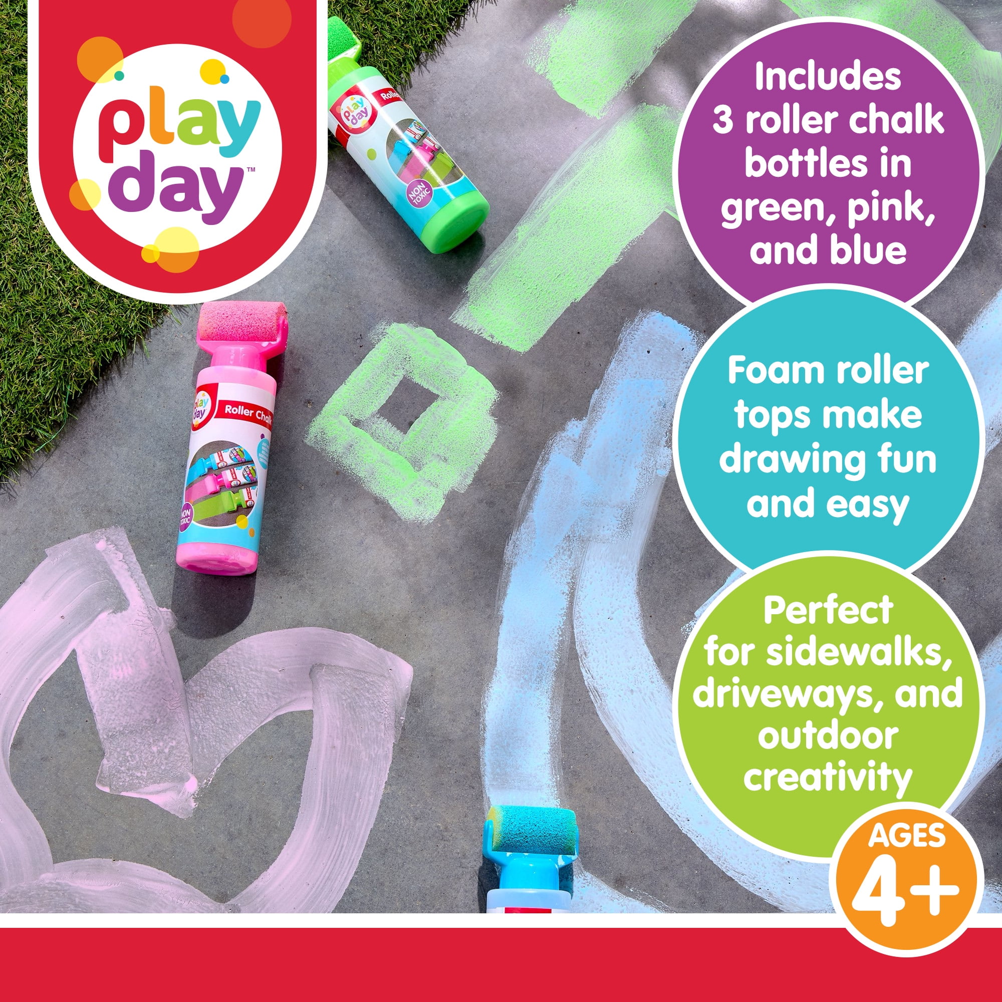 Play Day Roller Chalk Set, 3 Count, Green/Pink/Blue