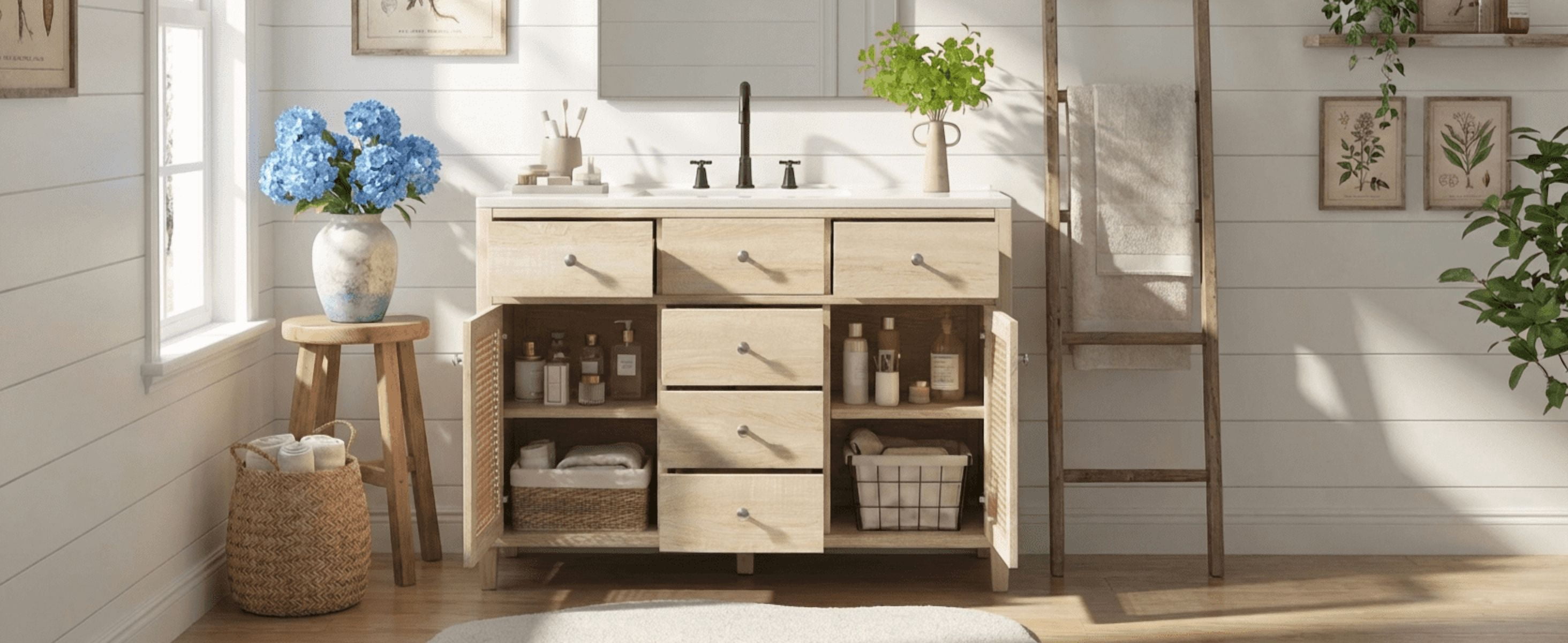 Mintazer 48 Inch Rattan Bathroom Vanity, Coastal Boho Single Sink Bath Cabinet with 5 Drawers & Soft Close Rattan Doors, Natural