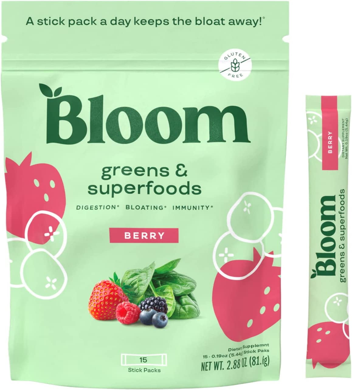 Bloom Nutrition Super Greens Powder Smoothie Mix, 15 Stick Packs