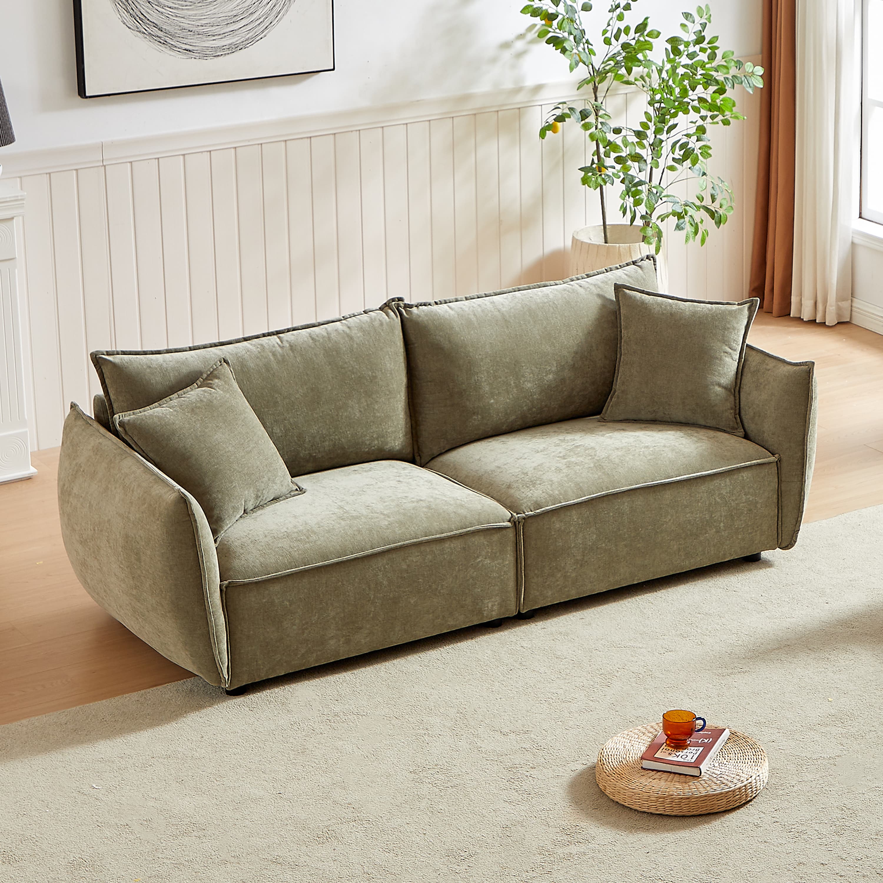 MAYEERTY 77-Inch Modern Velvet Sofa, 3-Seater Sofa, Upholstered Tufted Backrests with Nailhead Arms and 2 Cushions for Living Room, Bedroom, Apartment, Office (Black)