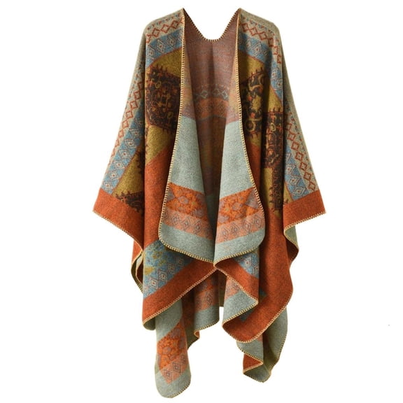Vintage Mexico Poncho Shawl Ethnic Geometric Pattern Shawl Wrap Reversible Capes