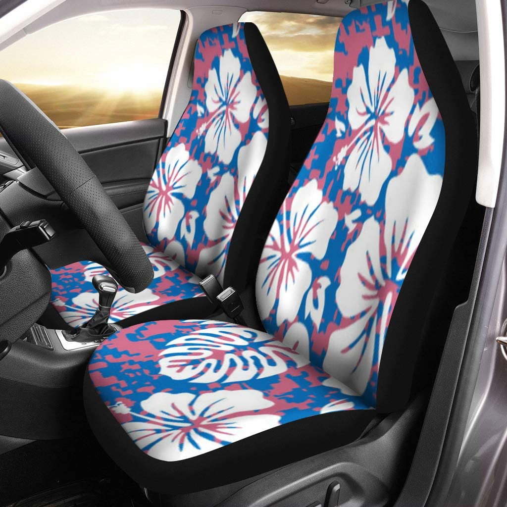 Black with White Hibiscus Hawaiian Flower Pattern Car Seat Covers Set