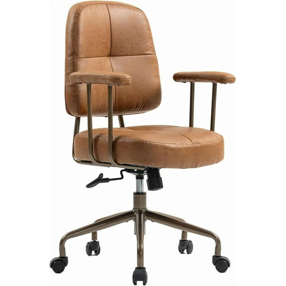 ECOTOUGE Mid Century Modern Fabric Office Chair with Wheels, Upholstered Desk Chair with Armrests, Adjustable Faux Leather Desk Chair with Rolling Wheels for Home Office (Brown -Metal Pipe)
