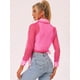 thumbnail image 4 of Blusa delantera con botones para mujer, dobladillo con lazo, cuello en punto, malla, camisa de manga larga transparente, top Rosa Caliente M, 4 of 6