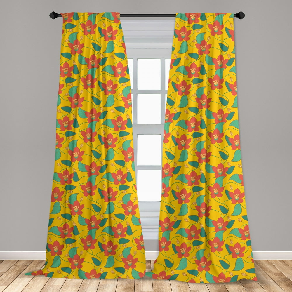 Floral Curtains 2 Panels Set, Flowering Meadow Retro Cottage Cabin Yard