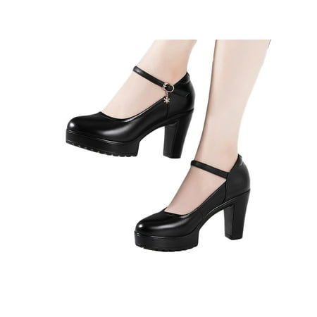 

SIMANLAN Ladies Work Shoes Buckle Pumps Ankle Strap High Heels Women Anti-Slip Shoe Womens Chunky Platform Dress Pump Black 9CM 7