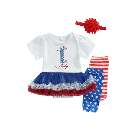 

WPNAKS Infant Girl Short Sleeve Romper + Leg Cover + Flower Hairband Independence Day Flag Pattern Summer Clothing