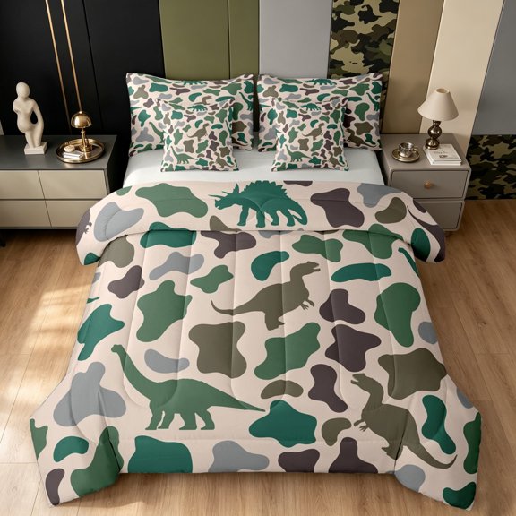 Manfei Farmhouse Dino Animal Twin Bedding, Countryside Camo Bedding Comforter Set, Bisque Green, Gray Reversible, 7pcs