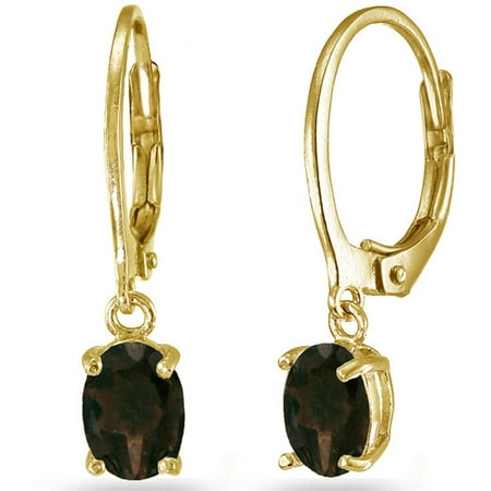 Smokey Quartz Yellow Gold Flashed Sterling Silver 7mm x 5mm Oval Dangle Leverback Earrings