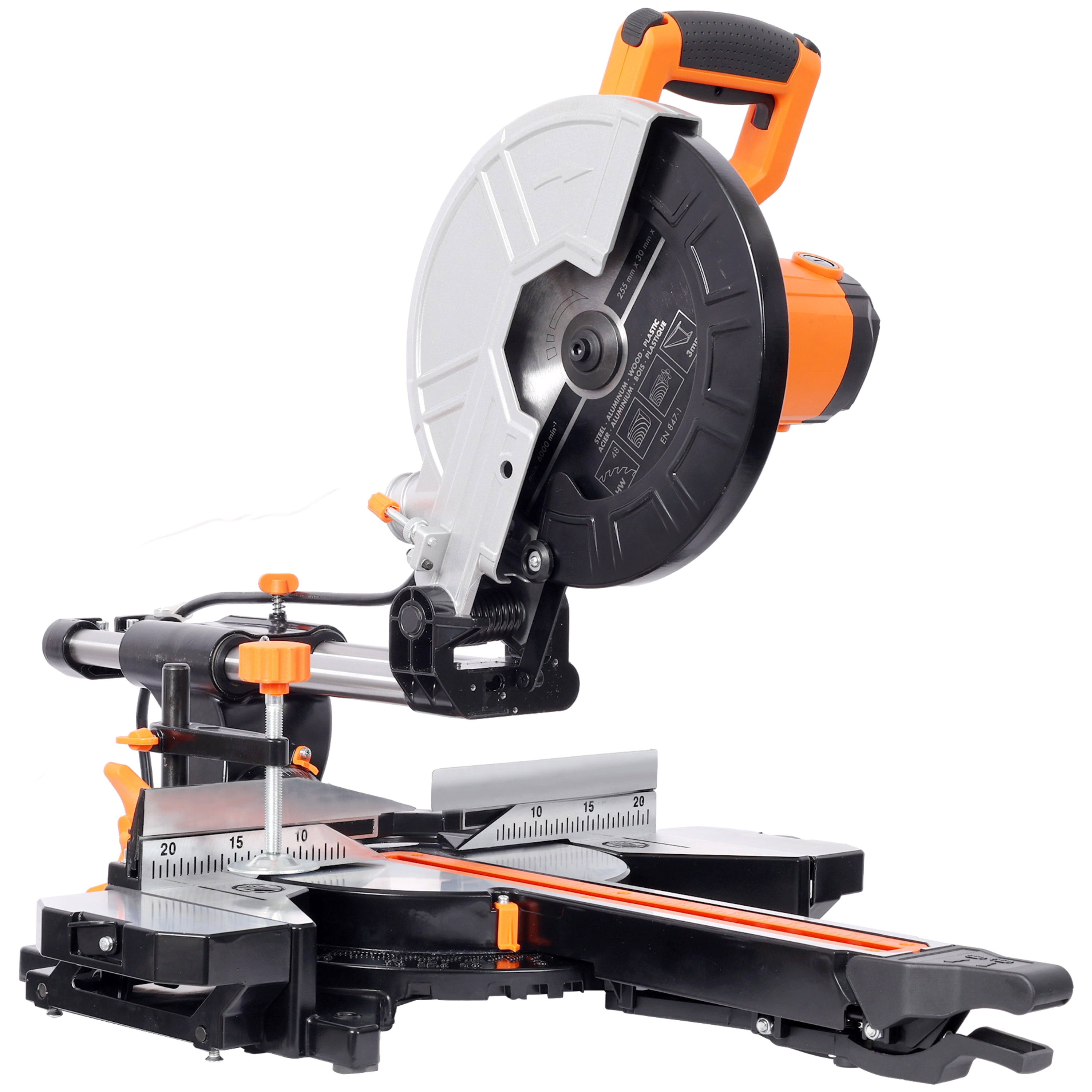 LuckyNote 10-Inch Single Bevel Double Speed Sliding Miter Saw, 48T Blade, 2-Speed 3200/5000 RPM, 3.5"x13" Cutting Capacity Black+Orange