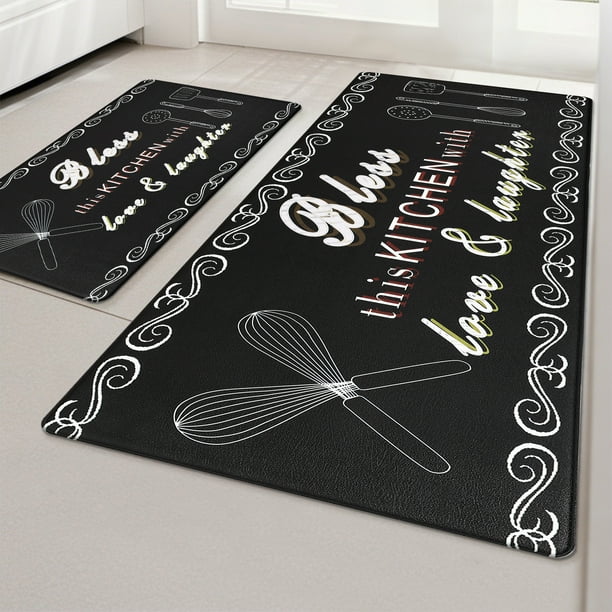 MeyJey Juego de 2 Tapetes de Cocina de Granja, Tapete Acolchado Impermeable Antideslizante y Antifatiga para Cocina, Comedor y Lavadero, 18"x30"+18"x48" Negro