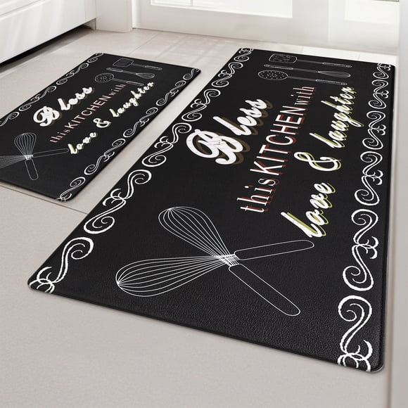 MeyJey Juego de 2 Tapetes de Cocina de Granja, Tapete Acolchado Impermeable Antideslizante y Antifatiga para Cocina, Comedor y Lavadero, 18"x30"+18"x48" Negro