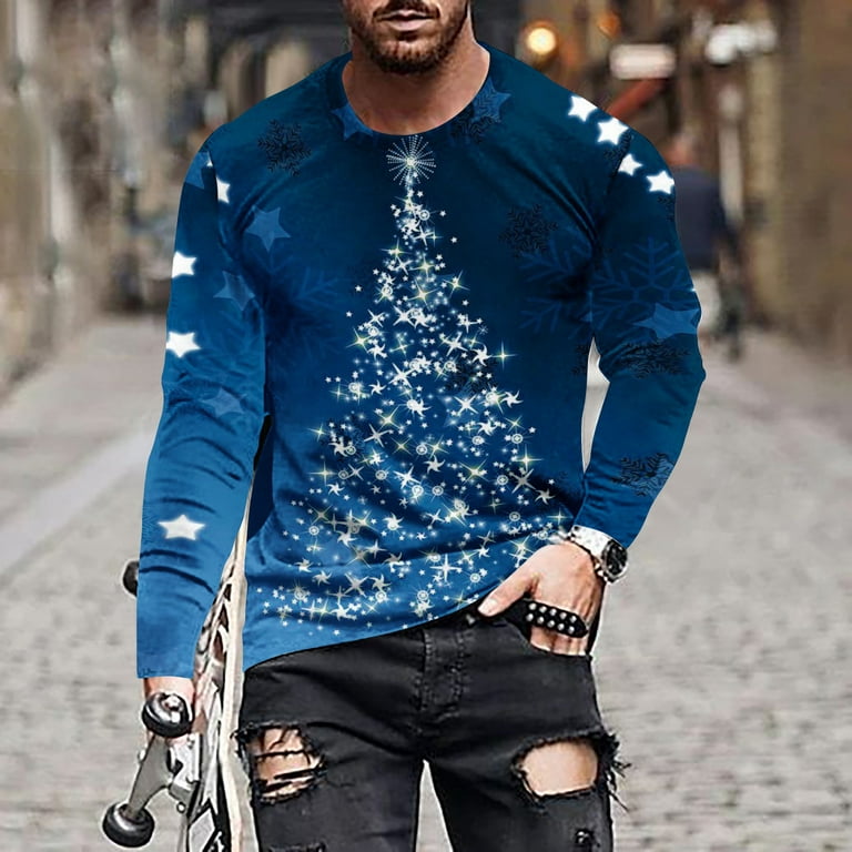 Elainilye Fashion Mens Shirts Christmas Printing Round Neck Long Sleeve Top  Casual Loose Pullover Top T-Shirt Tops,Blue 