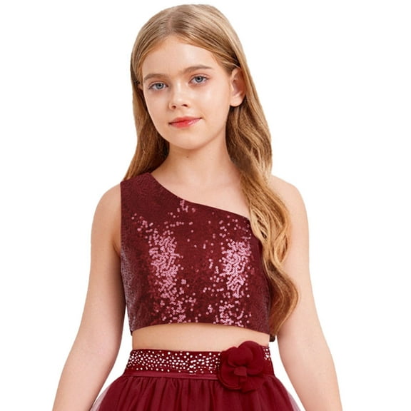 Nyeemya Girls Sparkly Sequin Sleeveless Summer One Shoulder Crop Tops for Party and Dance Wear Burgundy 6