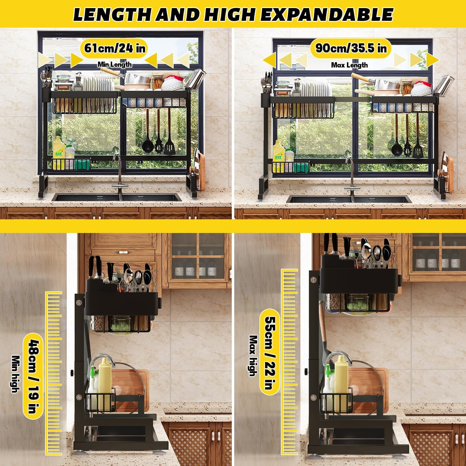 Adjustable Over Sink Dish Drying Rack with Snap-On Design - Expandable Length & Height