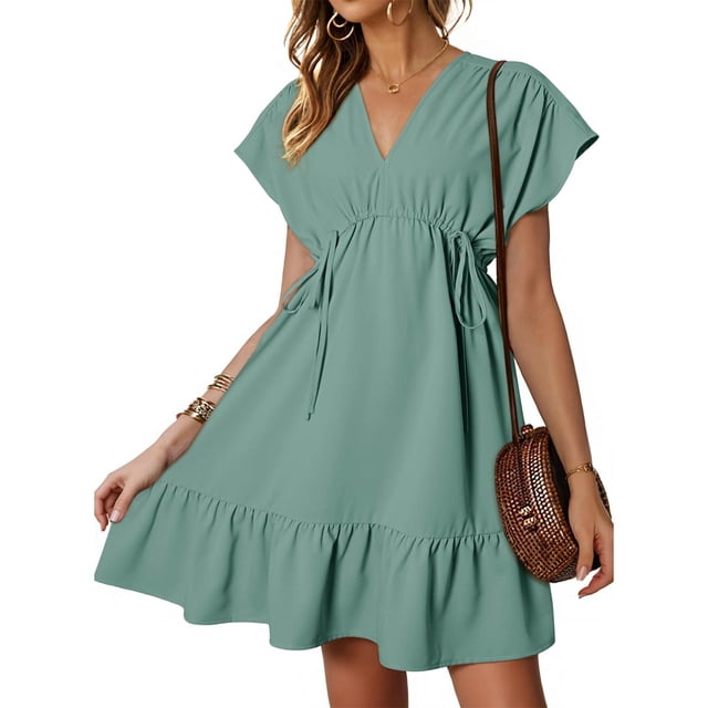 Offres jusqu'à 70 % de Rabais! Fashiopn Hauts d'Été pour Femmes 2024 Robes Grande Taille Manches Courtes Col en V Cordon Décontracté à Volants Robe Trapèze Courte Cadeau pour Femmes en Solde