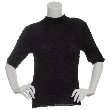 Adrianna Papell BLACK Women's Elbow Sleeve Mock Neck Textured Blouse, US Small