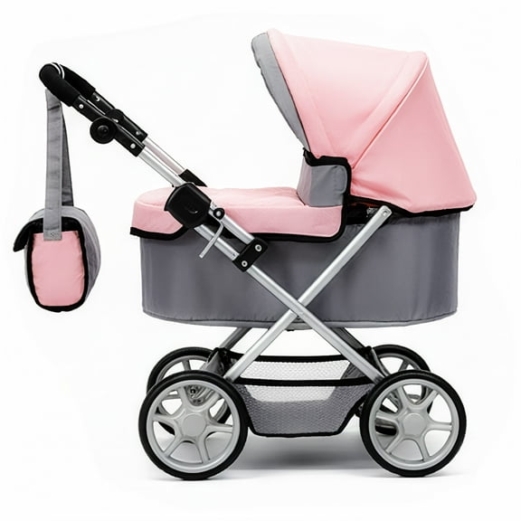 Adjustable Height Baby Stroller in Grey/Pink for Dolls, Suitable Reborn Baby Dolls Height 20 inches and Below, Baby Doll Pram