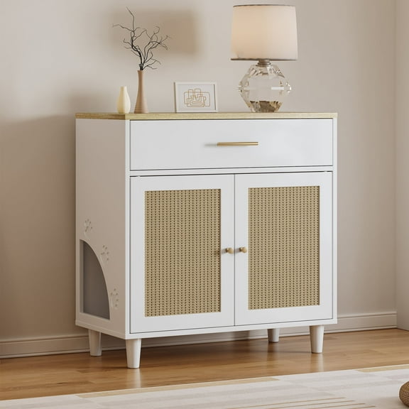 Pefilos 31" Cat Litter Box Enclosure, Hidden Cat Washroom Furniture with Drawer, Sisal Scratching Door, Cat House Enough for Most of Litter Box, White