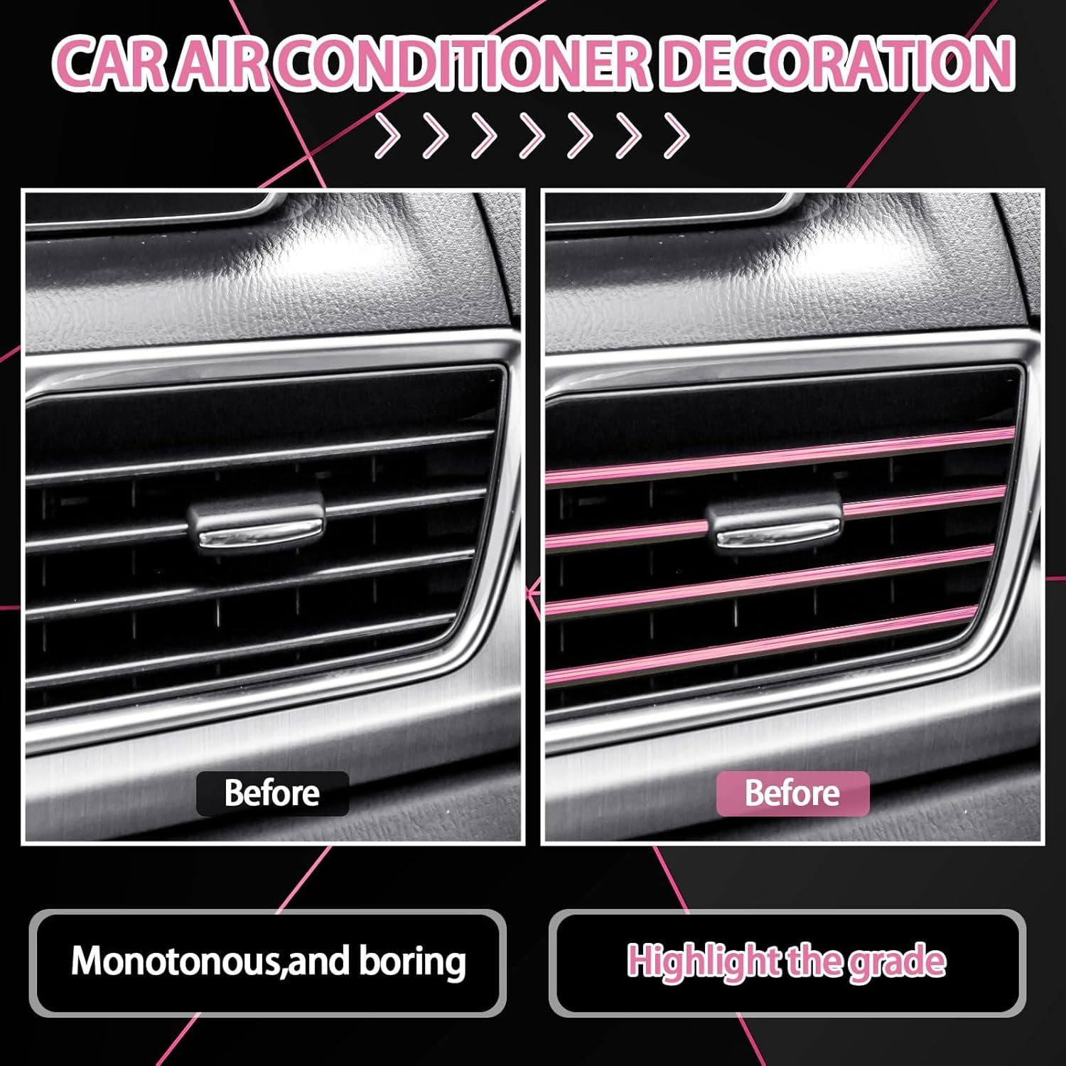 30 Pcs Car Accessories Set Pink and Black PU Leather Steering Wheel Cover Auto Interior Accessories Gift Car Vent Trim Strips Air Conditioner Insert Strips with Installation Tool